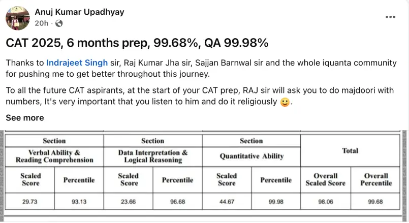 Anuj Kumar Upadhya CAT Topper Feedback