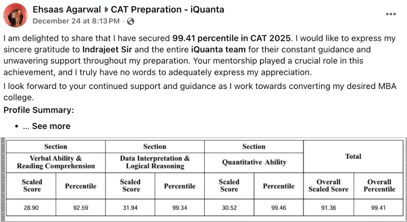 Ehsaas Agarwal CAT Topper Feedback