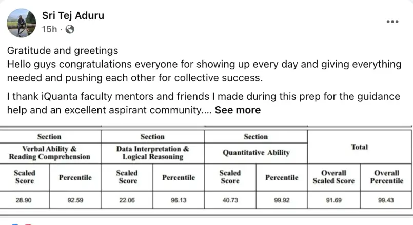 Sri Tej Aduru CAT Topper Feedback