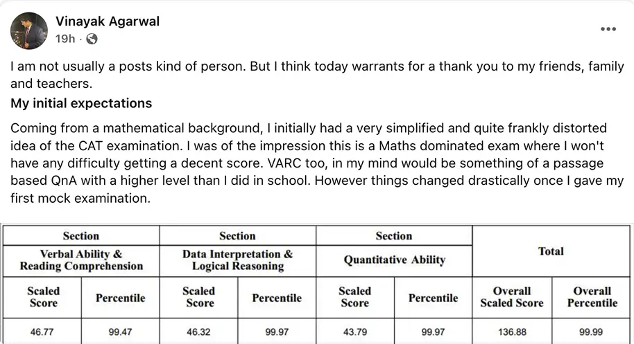 Vinayak Agarwal CAT Topper Feedback
