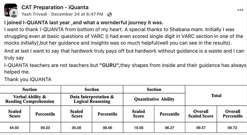 Yash Trivedi CAT Topper Feedback